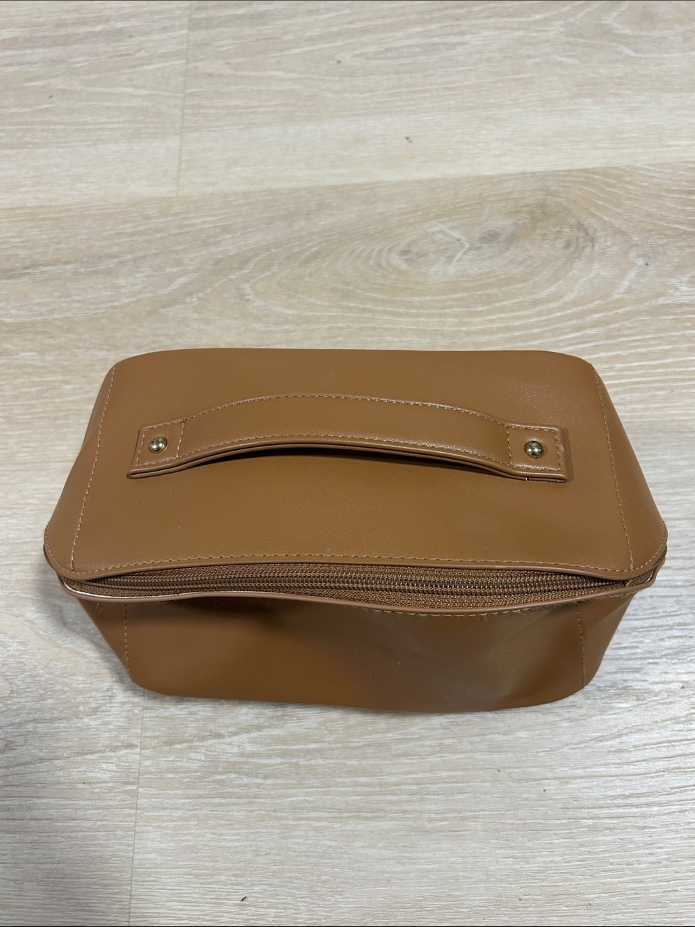 Structured Tan Faux-Leather Travel Cosmetic Pouch with Top Handle